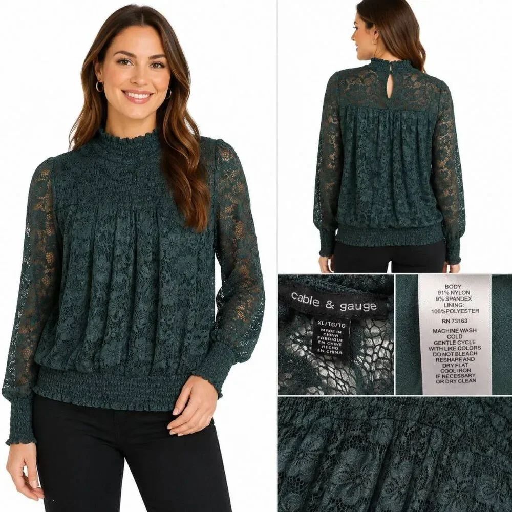 Cable & Gauge Green Lace Mock Neck Blouse XL